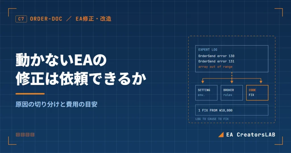 動かないEAのログから原因を切り分けて修正を依頼する流れを示した製図風のアイキャッチ