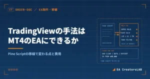 TradingViewのPine ScriptをMT4のEAに作り直す流れを示した製図風のアイキャッチ